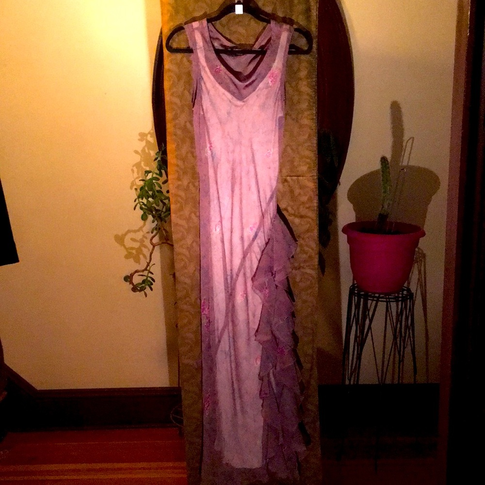 Purple Floral Print Chiffon Ruffled Dress